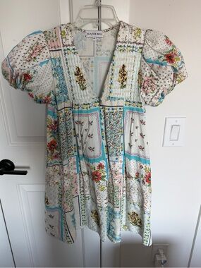HUNTER BELL Patchwork Floral Dress in White, Blue, Pink, Green